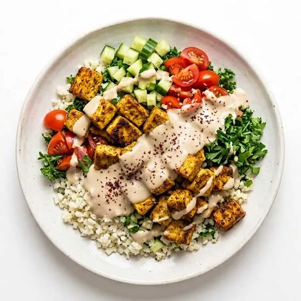 Keto roasted tofu shawarma bowl with tahini